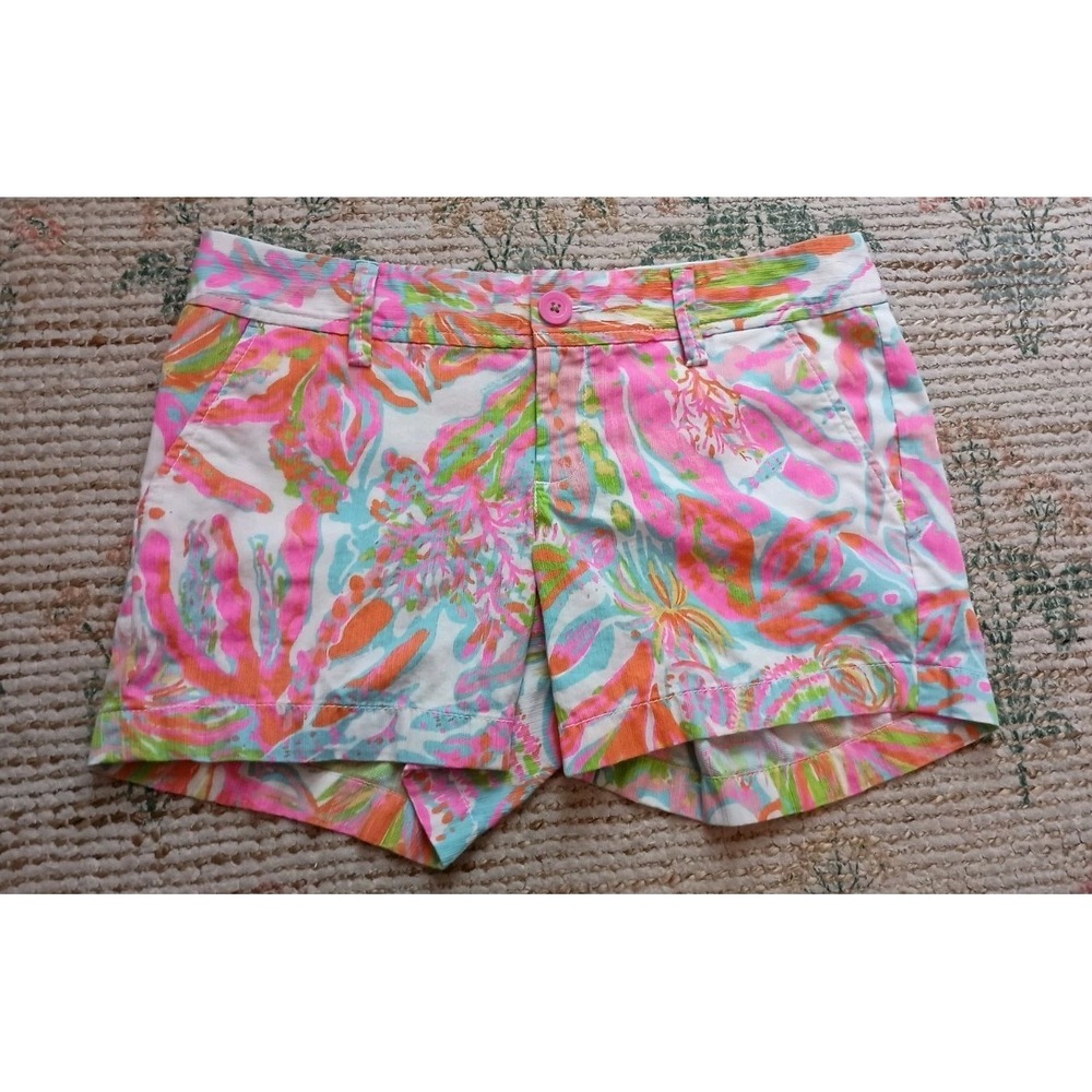 Lilly Pulitzer Callahan Shorts Womens 4 Pink Blue Tropical Beach Print Cotton